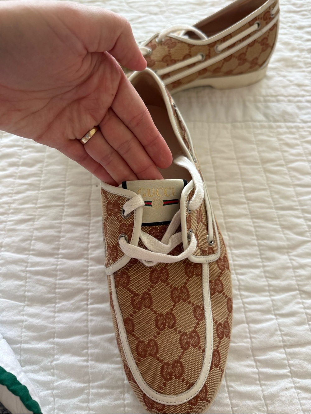 Gucci Beige and Brown GG Canvas Boat Shoes - Picture 2 of 3